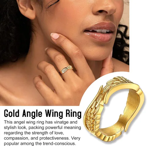 Vista 4 de Bestyle Anillos de ala de ángel antiguos para mujeres y hombres, anillos de banda de plumas de guardián, anillos de promesa de pareja para amantes
