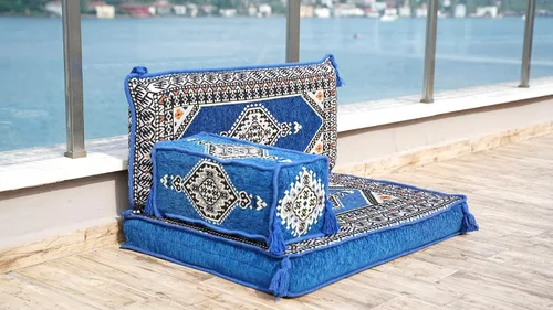Vista 4 de Cojín de suelo turco individual – Juego de asientos tradicionales árabes Jalsa – Sofá oriental para sala de estar con almohadas de respaldo
