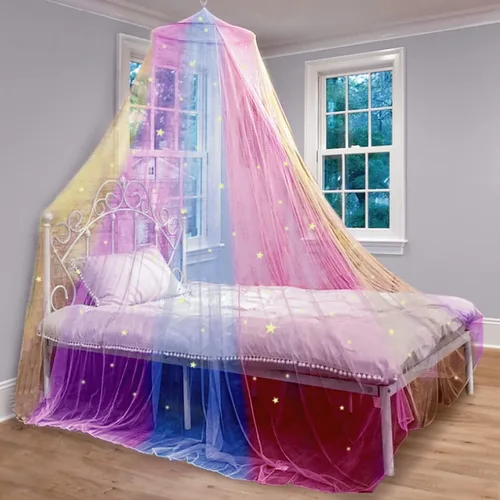 Vista 2 de Bollepo Toldo de cama de arcoíris y LED para niñas con estrellas brillantes – Decoración de habitación de red de cuna de princesa Cortinas de cama