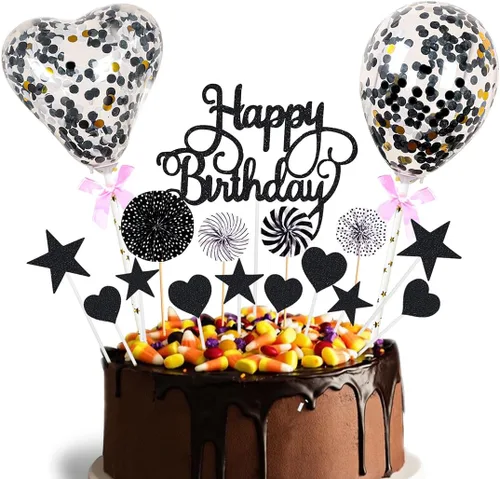 Vista 3 de Daimay Decoración de pastel de cumpleaños negra con purpurina acrílica para decoración de pastel de cumpleaños número 14 con globos de confeti