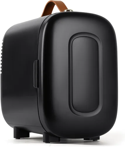 Vista 9 de Mini refrigerador para dormitorio, refrigerador de 4 litros/6 latas para el cuidado de la piel con espejo LED y asa de transporte de cuero