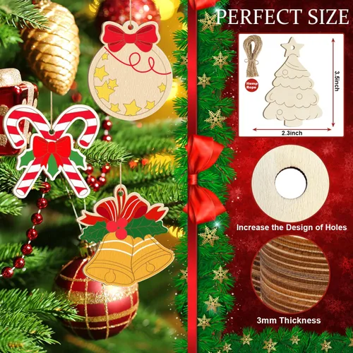 Vista 7 de 80 adornos navideños de madera para pintar, 8 estilos de bricolaje en blanco de madera sin terminar: reno, Papá Noel, bola de árbol de Navidad