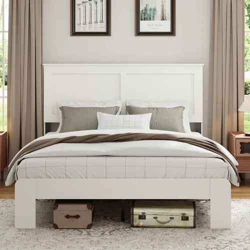 Vista 11 de Base de cama completa de madera con cabecera, base de cama de plataforma rústica de granja con soporte de 12 listones de madera, no necesita somier