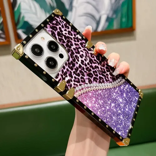 Vista 4 de Funda cuadrada de lujo compatible con iPhone 13 Pro Max de 6.7 pulgadas, funda de leopardo brillante, silicona suave y brillante a prueba de golpes
