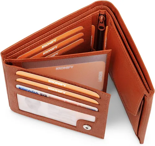 Vista 6 de KRONIFY Men's Leather Wallet RFID Blocking Bifold Trifold Wallet Landscape Format Coin Pocket 13 Card Slots Reinforced Seam Gift Box Included
