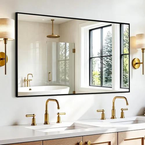 Vista 9 de Espejo rectangular para baño, 30 x 20 pulgadas, marco de metal negro, espejo de pared inastillable HD, para colgar horizontal o verticalmente, fácil