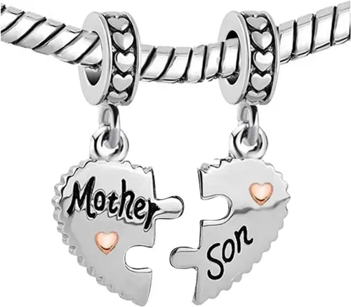 Vista 2 de KunBead Dijes de corazón para madre e hijo, rompecabezas de cuentas para mamá, conjunto de pulseras para collar, Metal, vidrio