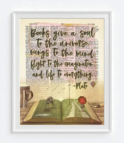 Vista 2 de Cartel artístico con cita de Platón, con texto en inglés "Books Give A Soul To the Universe", sin marco, página de diccionario literario vintage