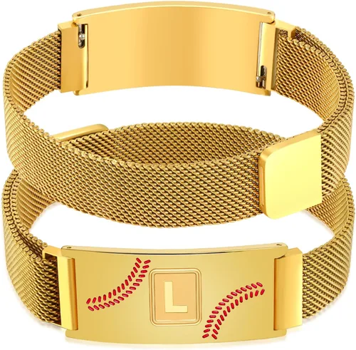 Vista 9 de Fervia Regalos de graduación de Pascua para hombres, pulsera con inicial de béisbol, color negro, plateado, dorado, acero inoxidable, pulseras