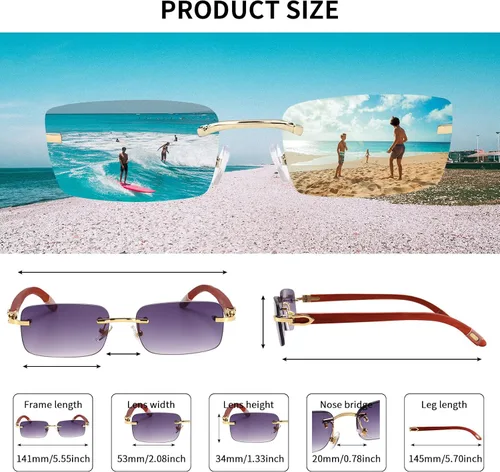 Vista 5 de Dollger Lentes de sol rectangulares sin montura para hombres y mujeres, hip-hop de madera, pequeños lentes de sol cuadrados sin marco de los años 70