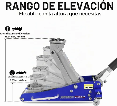 Vista 3 de Gato hidráulico de perfil bajo de aluminio y acero de 1.5 toneladas, ligero, con bomba doble de elevación rápida, capacidad de 3000 libras, rango