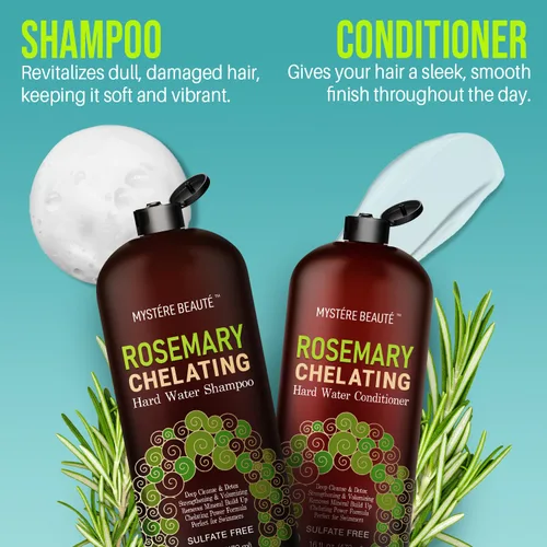 Vista 4 de MYSTÈRE BEAUTÉ - Juego de champú y acondicionador quelante de romero – Cuidado del cabello con agua dura sin sulfato con biotina, queratina y árbol