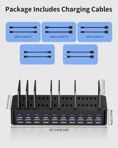 Vista 8 de Estación de carga de 270 W para múltiples dispositivos, estación de carga rápida USB de 20 puertos con divisores ajustables y 10 cables, base