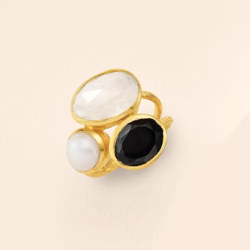 Vista 4 de Ross-Simons Onyx, Moonstone and 8mm Cultured Pearl Ring in 18kt Gold Over Sterling