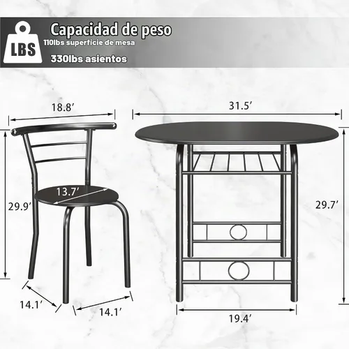 Vista 7 de JUMMICO Juego de mesa redonda y silla de madera de 3 piezas, ahorro de espacio, rincón de desayuno, mesa de grano de madera con marco de metal