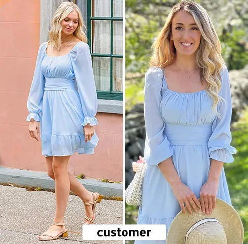 Vista 2 de Exlura - Vestido de manga larga para mujer con cuello cuadrado holanes cintura elástica acampanado amarre posterior estilo casual y corto