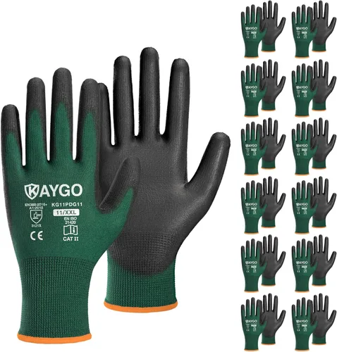 Vista 20 de KAYGO KG11PB - Guantes de trabajo de seguridad con revestimiento de poliuretano, 12 pares de guantes de punto sin costuras para hombres y mujeres