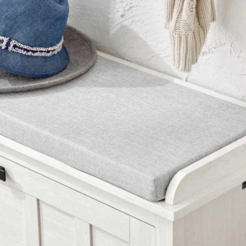 Vista 4 de Haotian Banco de almacenamiento de zapatos, para entrada, zapatero para pasillo, zapatero pequeño con cajón abatible y cojín de asiento, blanco