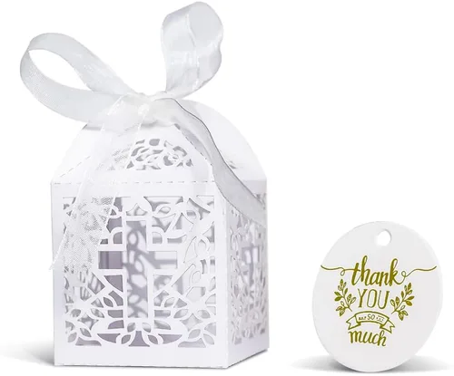 Vista 9 de Juego de 50 cajas de regalo con corte láser para bodas y fiestas con lazo