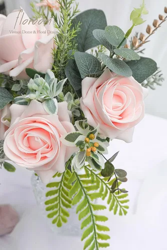 Vista 4 de Floroom Flores artificiales, 20 unidades, rosas falsas de espuma de alto centro con tallo para ramos de boda, centros de mesa de despedida de Blush
