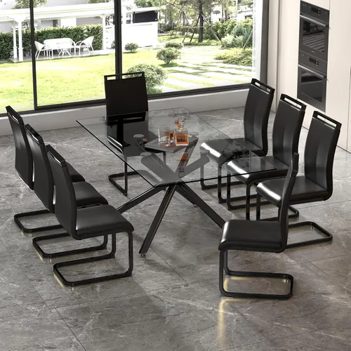 Vista 17 de Juego de 6 mesas de comedor de cristal, moderno juego de mesa de comedor de vidrio templado rectangular transparente de 71 pulgadas y 6 sillas