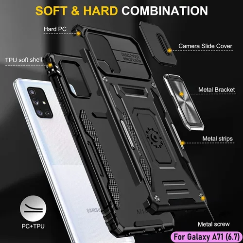 Vista 3 de Funda resistente para Samsung Galaxy A71 (5G), protector de parachoques de goma de doble capa de grado militar con protector de cámara deslizante