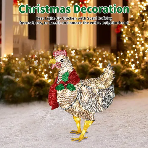 Vista 4 de Plplaaoo Decoración navideña de pollo iluminado con luces LED – Adorno de pollo iluminado con bufanda, funciona con pilas, decoración de pollo