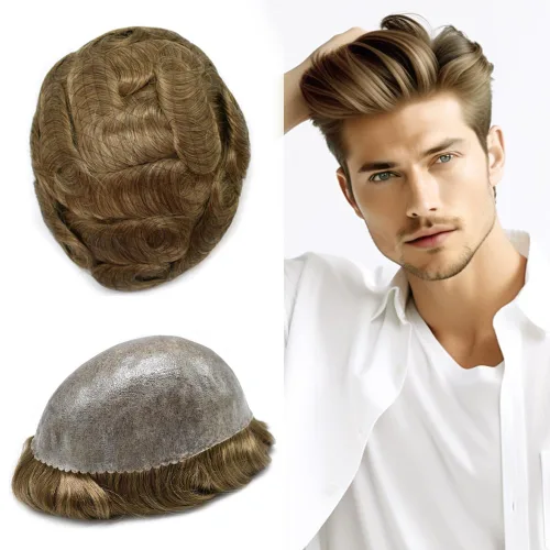 Vista 348 de Toupee para hombre 100% cabello humano real tupé para hombres 0.004 in piel de poliuretano para hombre, sistema de reemplazo de piezas de pelo