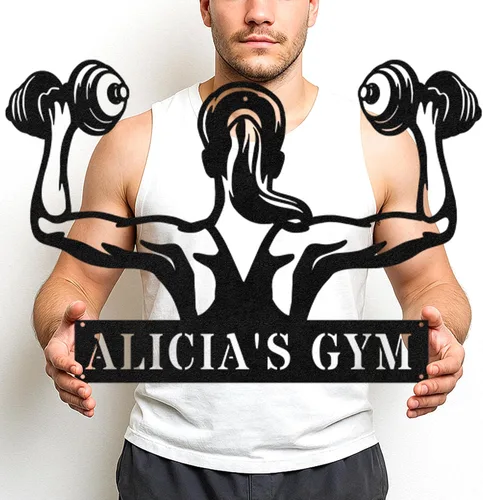 Vista 47 de Cartel de metal personalizado para gimnasio con nombre, arte de pared para sala de entrenamiento en casa, garaje, espacio de fitness, decoración