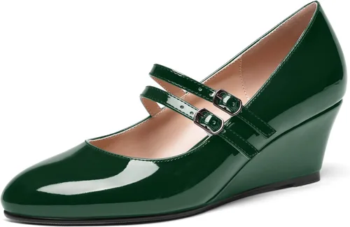 Vista 12 de SHOWFOREST Zapatos de tacón bajo con hebilla de punta redonda para mujer, con correa ajustable y correa ajustable, 2 pulgadas Beige
