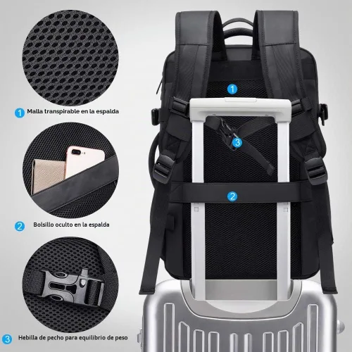 Vista 6 de Mochila de viaje de 35 litros, mochila de mano aprobada para vuelos para bolsa de viaje internacional, resistente al agua, duradera, mochilas