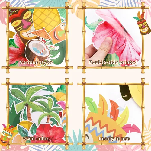 Vista 5 de Pancarta hawaiana preencordada para fiesta, decoración grande de flamenco tiki tropical para fiesta de cumpleaños Luau para fiesta de cumpleaños