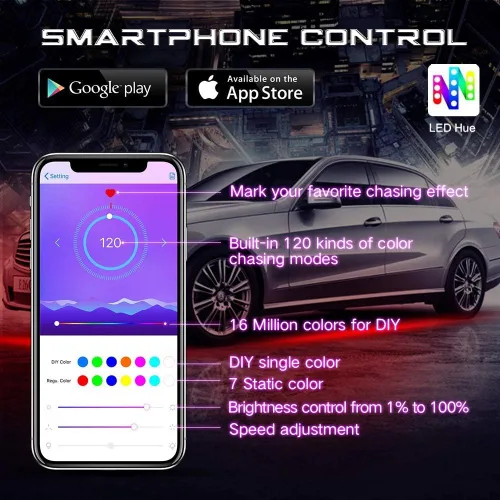 Vista 6 de Luces para debajo del auto, kit de tira de luces Bluetooth Dream Color Chasing, 6 luces exteriores impermeables con control de aplicación, 12 V 300