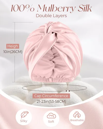Vista 3 de Miss Adola Gorro de seda de morera para mujer, juego de dormir de 19 momme de seda natural para el cuidado del cabello con máscara de ojos y gorro