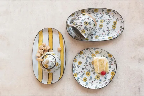 Vista 2 de Creative Co-Op Pintado a mano azucarero y crema de gres con tapa y cuchara de bambú, multicolor