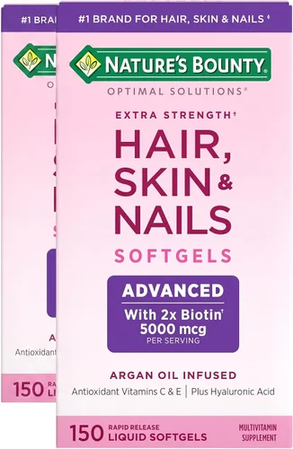 Vista 9 de Nature's Bounty Cabello, Piel y Uñas Avanzado, Suplemento Vitamínico con Infusión de Argán con Biotina y Ácido Hialurónico, 150 Cápsulas Blandas