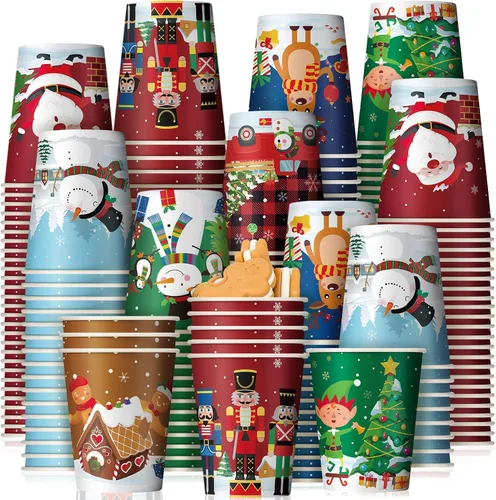 Vista 9 de Zhehao 200 Piezas Vasos de Papel de Navidad Xmas Vasos Desechables de Café 9 oz Santa Muñeco de Nieve Alce Vasos Desechables de Papel de Navidad