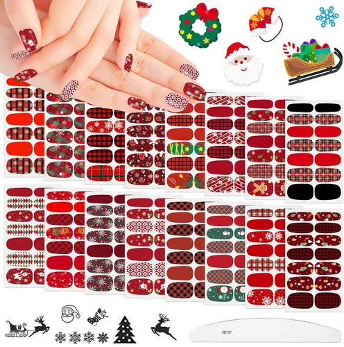 Vista 6 de 16 hojas de tiras de esmalte de uñas de Navidad, autoadhesivas, luces de árbol de Navidad, copo de nieve, muñeco de nieve, calcomanías de uñas