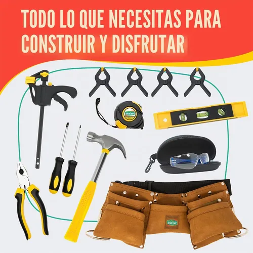 Vista 2 de SparkJump Juego de herramientas de lujo para niños, herramientas reales con cinturón de herramientas de cuero y caja de herramientas, kit de Marrón