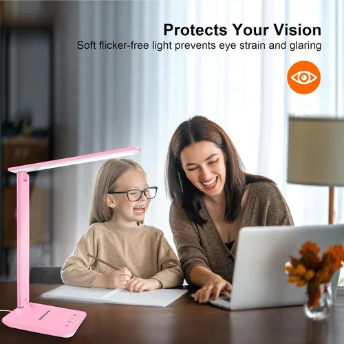 Vista 7 de Lámpara de escritorio LED White Crown, lámpara de mesa regulable, lámpara de lectura con puerto de carga USB, 5 modos de iluminación, control Rosa