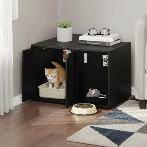 Vista 2 de Caja de arena Furinno Peli, Pequeña, Americano Entrada lateral, muebles ocultos, casa de madera para mascotas con puertas, fácil montaje
