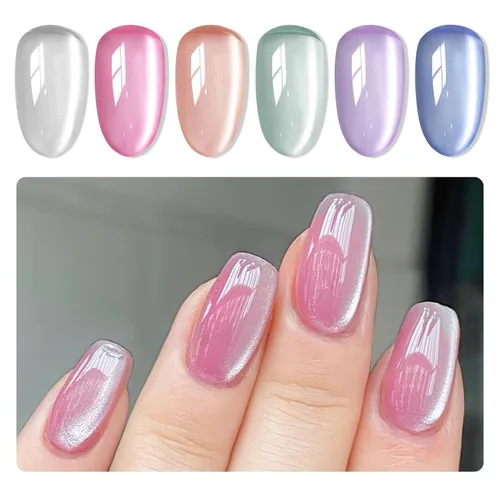 Vista 13 de MIZHSE Quick Dry Cat Eye Gel Nail Polish Set 4 Colors Long Lasting Silver Magnetic & Jelly Sheer Shades with Magnet Stick, High Shine Soak Off UV