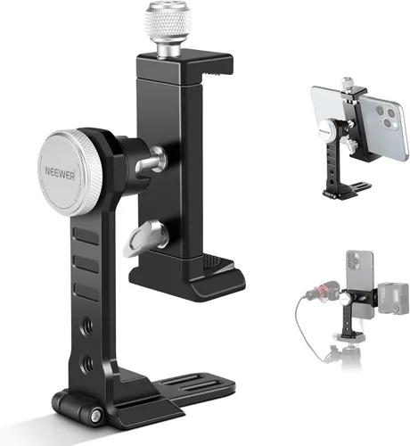 Vista 10 de Adaptador de montaje de trípode para teléfono Neewer con base tipo Arca QR, zapata fría, agujeros de 1/4" y 3/8", giro de 360° y inclinación