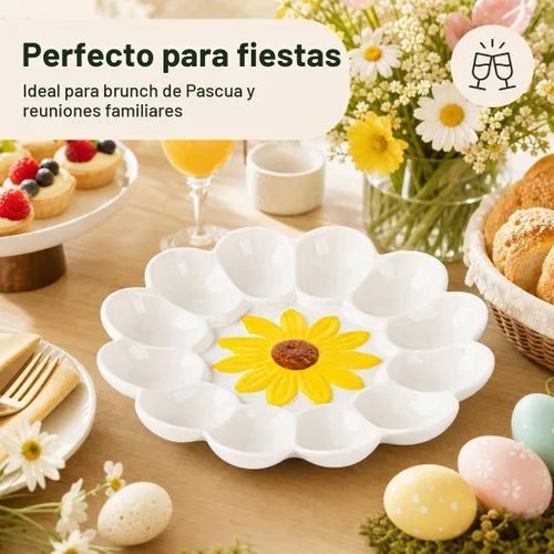 Vista 6 de Bandeja de huevo Deviled de girasol de cerámica - Plato de huevo blanco para fiesta