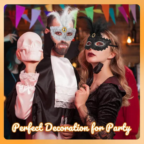 Vista 6 de CHENGU 6 máscaras de máscaras para mujeres y niñas, disfraz de Halloween, máscara de encaje colorida para mujeres y niñas, suministros de fiesta