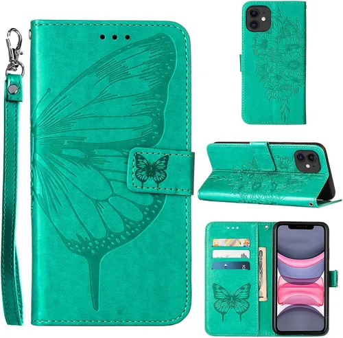 Vista 12 de Funda tipo cartera para iPhone 11, diseño de mariposas y flores (azul) Embossed PU Leather, TPU Interior, Flip Case Folio Cover, Stand, Cash