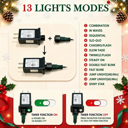 Vista 7 de OZS Guirnalda de luces de Navidad conectables rojas y blancas, paquete de 2 luces de Navidad de 164 pies en total de 400 LED para Rojo y blanco