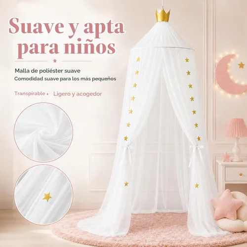 Vista 6 de Toldo de cama para niñas, suave, lavable y fácil de instalar, toldo para cuna para habitación de niñas con decoración de estrellas, toldo de cama