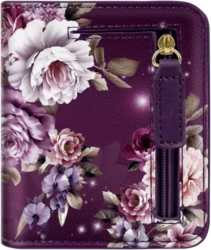 Vista 21 de Cartera pequeña con bloqueo RFID para mujer, con bolsillo plegable y compacto, lindo soporte para tarjetas de crédito, ranura para monedas, monedero