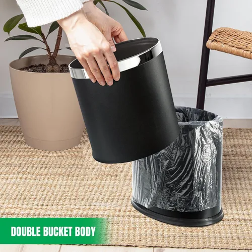 Vista 2 de Cubo de basura de metal 'Invisi-Overlap', papelera de oficina pequeña con parte superior abierta, forma ovalada (negro)